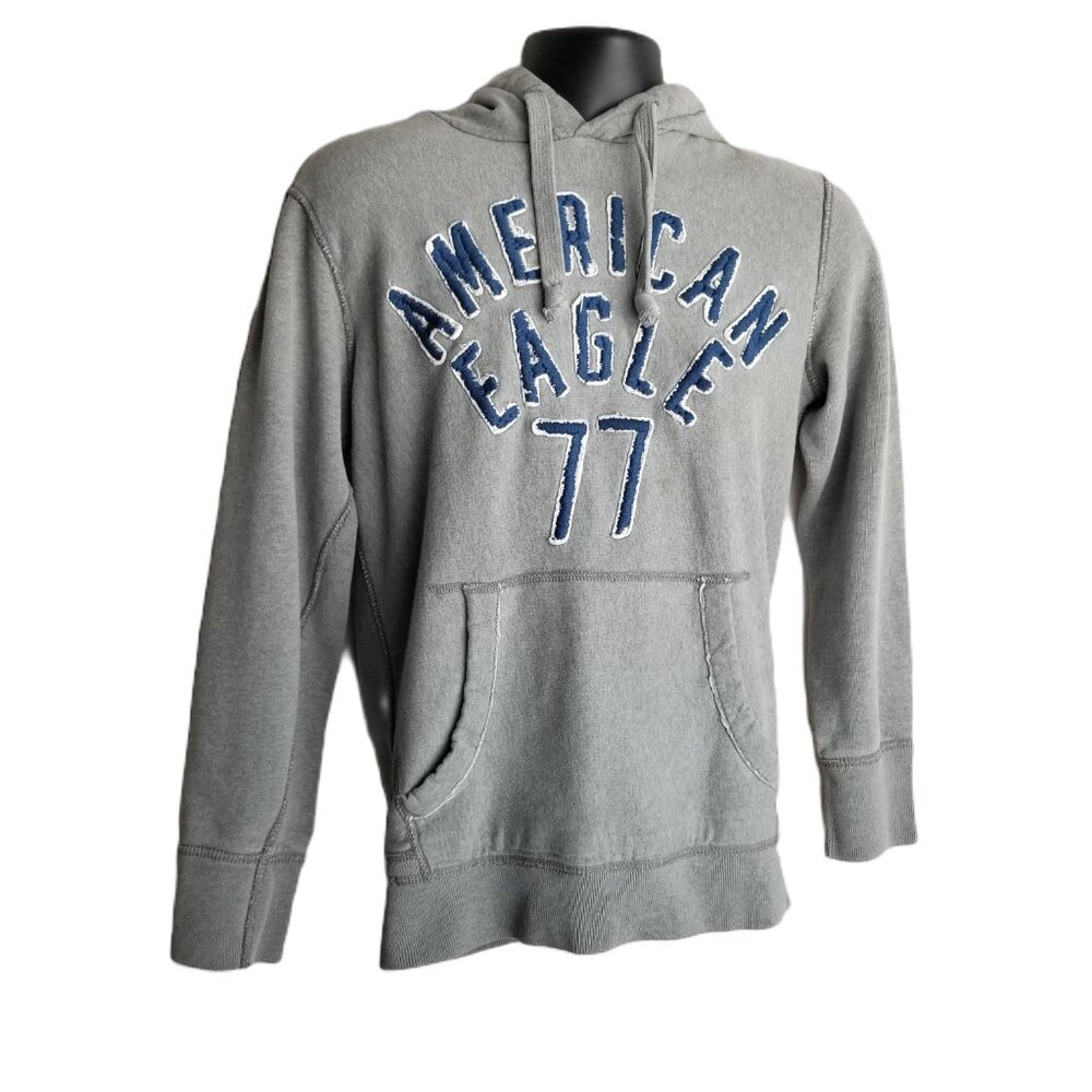 American Eagle Logo Hoodie Extra Small Gray Embroidered Pullover Y2K Streetwear